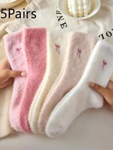 2/4 Pairs White And Pink Fluffy Women's Mid-Calf Socks, Bow Pattern Warm Socks, Soft And Comfortable, Suitable For Autumn/Winter, Random Color, Fluffy Socks 1/2/4/5 Pairs - Multicolor - View 18