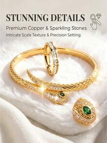 Camhanno 2pcs Premium Snake-Shaped Bracelet And Ring, Stainless Steel And Copper Plated 18K Gold, Skin-Friendly, Anti-Allergic, Waterproof, Sweat-Resistant, Bath-, Exquisite Scale Texture Design Luxury Jewelry - Gold - View 6