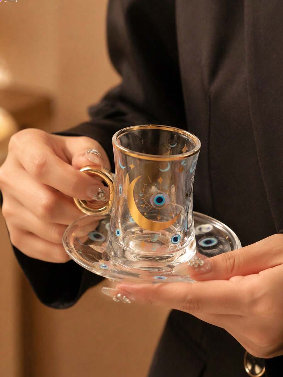 DearDali 1組波希米亞風玻璃茶杯,金邊、惡魔之眼與羽毛印花,鏤空環形手柄,附完整托盤,理想的齋月開齋節禮物,適合日常下午茶使用 - 彩色 - 查看 1
