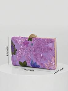 Elegant Shiny Multicolor Leaf & Floral Patchwork Crossbody Bag, Vintage Chain Strap Evening Bag, Mini Square Box Handbag, Suitable For Party Girls, Brides, College Students, Young Professionals, Versatile For Parties, Graduation Ceremonies, Weddings, Perfect Match For Party Accessories, Random Pattern Sent - Violet Purple - View 6