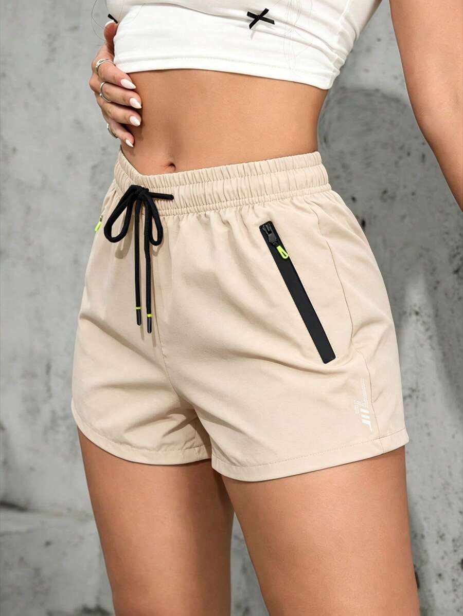 Celana Pendek Olahraga Kasual Wanita dengan Pinggang Elastis dan Desain Tali Serut, Cocok untuk Lari, Olahraga, dan Belanja di Musim Panas - Khaki - View 1