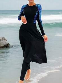 WaveBikini 色塊印花布基尼 3 件套，快乾前開襟拉鍊長袖裙式保守泳衣，適合女性海灘衝浪 - 彩色 - 查看 5