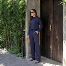 Women's Woolen Set - Pants And Turtleneck Top - Winter - 藏蓝色 - 查看 2