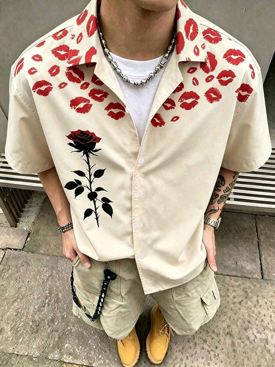 Men's Red Lip Print Black Rose Pattern Short Sleeve Shirt, Casual Street Style Button-Down Shirt, Men's Holiday Wear - Multicolor - View 1