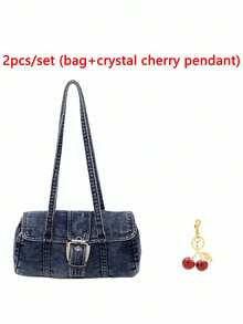 2pcs/Set Fashionable Washed Wear-Resistant Flap Baguette Bag With Crystal Cherry Pendant (Sold As A Set) Women's Portable Shoulder Bag Suitable For Work, Commute, Shopping, Travel, Etc. - Multicolor - View 14