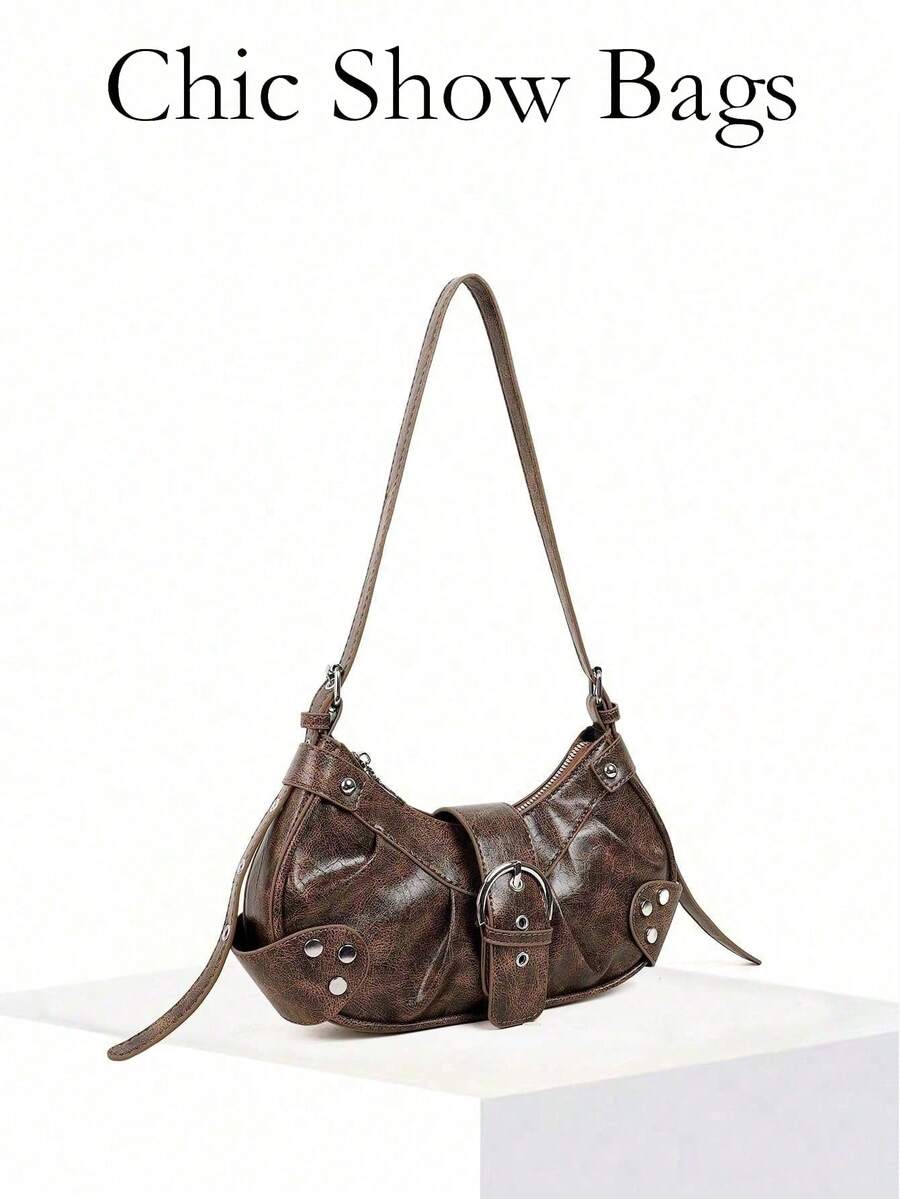 2025 Fashion Hot Y2K Rivet Motorcycle Bag, Vintage European Style Zipper Shoulder Bag, Oil Texture Design, Exquisite Appearance - Coffee - View 1