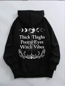 Plus Size Women's Drop Shoulder Hooded Sweatshirt With Moon Phase Graphic And "Witchy Vibes" Slogan, Outdoor Sports Summer Black Casual - Black - View 5