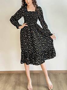 Vestido informal de manga larga para mujer, Vestidos de gasa para otoño y primavera, corte en A, estampado Floral, elástico en el pecho, con cordones, por debajo de la rodilla - heiseyingtao - Ver 1