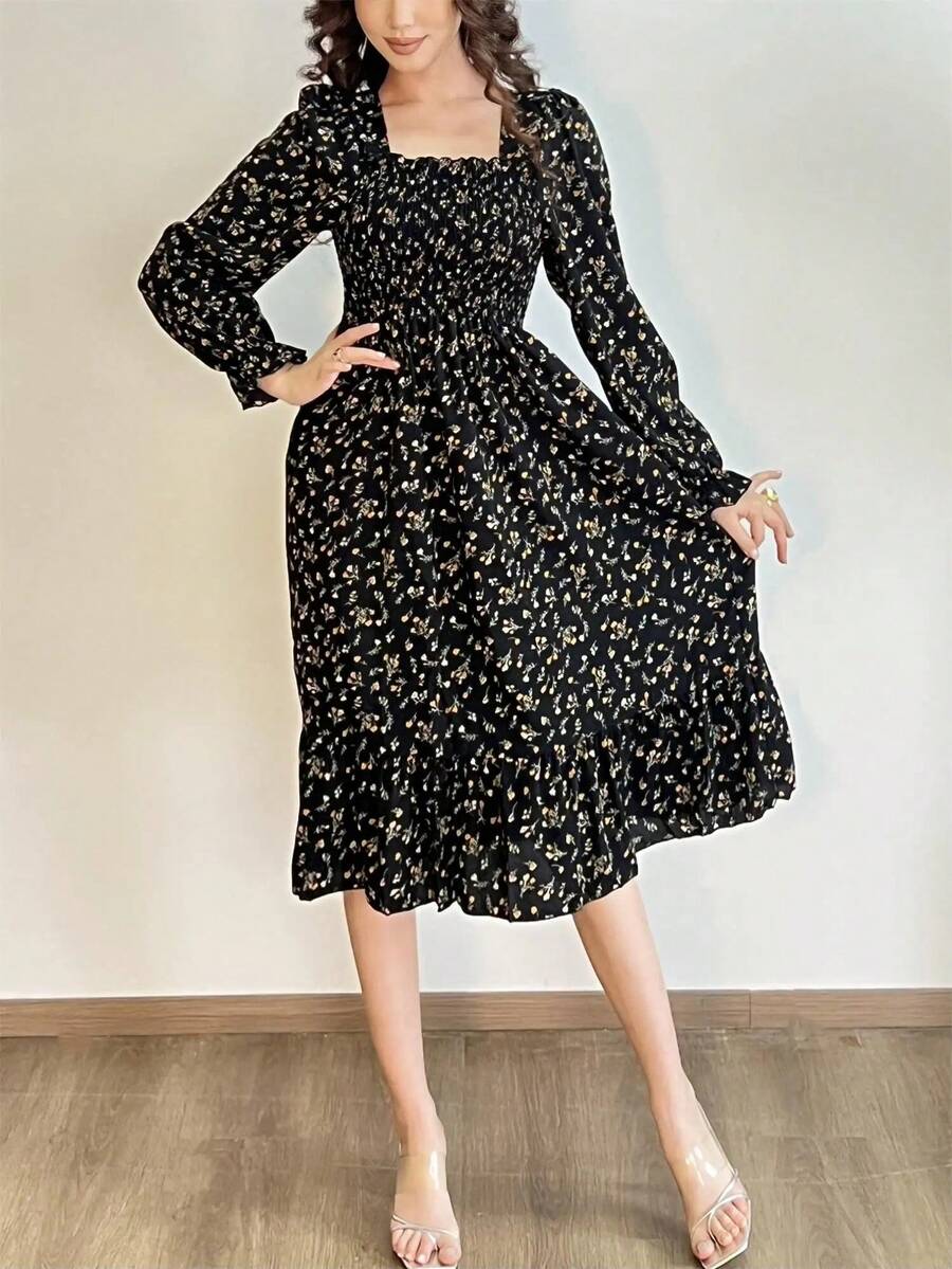 Vestido informal de manga larga para mujer, Vestidos de gasa para otoño y primavera, corte en A, estampado Floral, elástico en el pecho, con cordones, por debajo de la rodilla - heiseyingtao - Ver 1