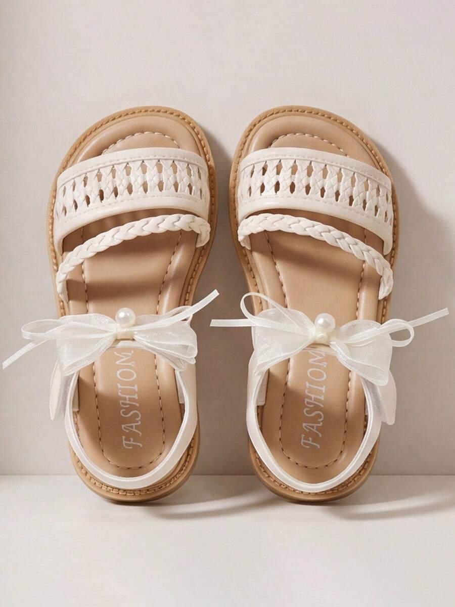 2026 Style Light Beige/Silver Country Style Sandals - Hollow Stitching PU Mesh With Pearl Decoration - Suitable For Daily Outings! - Beige - View 1