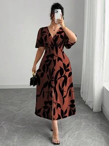 Vestido de mujer de elegancia francesa, versátil, con escote en V, cintura ceñida, línea A, decoración con botones, volante en el bajo, manga farol hasta la mitad, adecuado para ir al trabaj - Óxido marrón - Ver 1