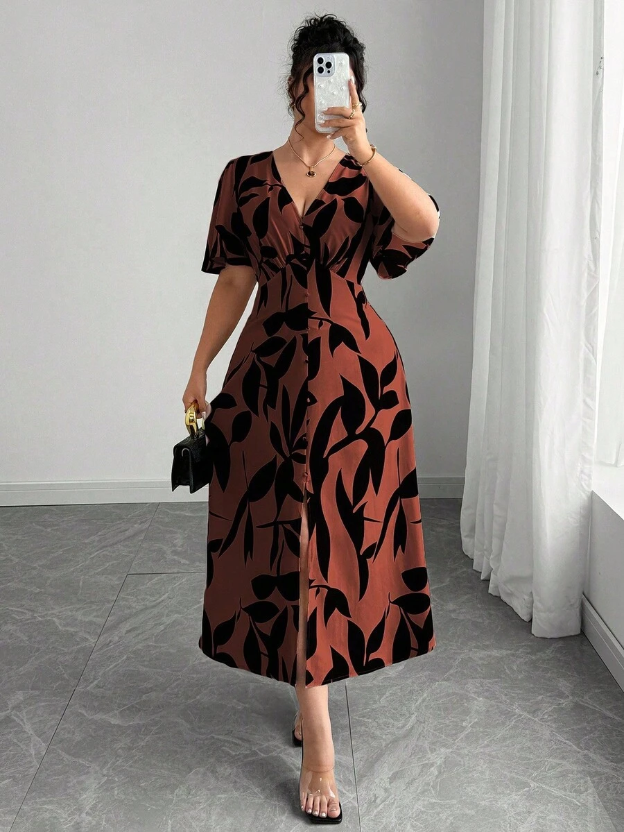 Vestido de mujer de elegancia francesa, versátil, con escote en V, cintura ceñida, línea A, decoración con botones, volante en el bajo, manga farol hasta la mitad, adecuado para ir al trabaj - Óxido marrón - Ver 1