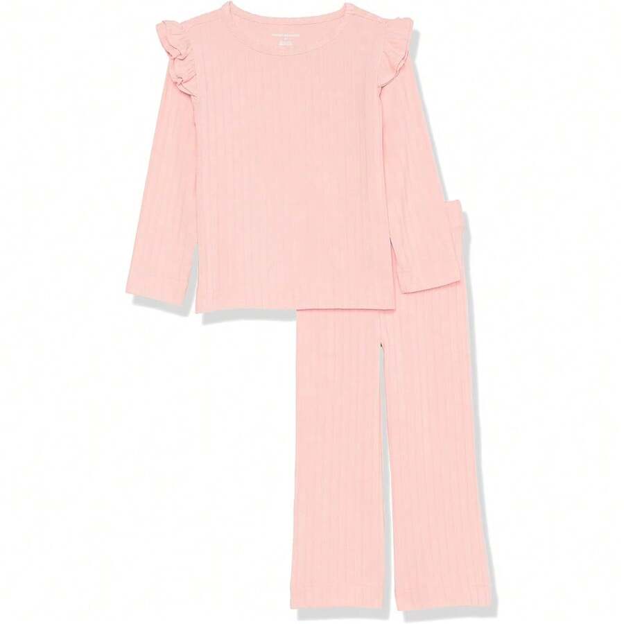 Essentials - Conjunto de atuendo de canalé ancho para niñas, paquete de 2, color rubor, talla M - Rosa - Ver 1