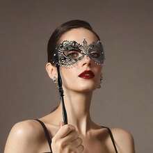Thmyo Venetian Halloween Mardi Gras Party Mask With Holding Stick, Carnival Handheld Metal Feather Rhinestone Masquerade Mask - Maks-2-black - View 3