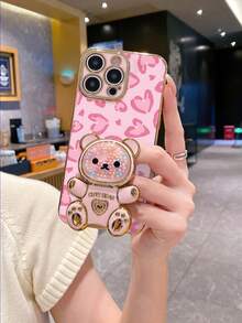 1pc Pink Electroplated TPU Pink Tone Heart Leopard Pattern Phone Case And 1pc Quicksand Glitter Bear Phone Stand, Full Coverage Dustproof Waterproof Soft Shell Suitable For Versatile Phone Case/Stand Phone Case/Fun Phone Case/Android Phone Case - Multicolor - View 2