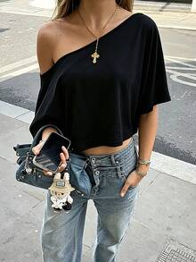1 pieza Camiseta corta con hombro asimétrico de unicolor, uso casual y para citas, primavera/verano - Negro - Ver 2