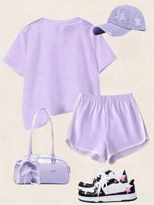 2pcs Girls Casual Set, Round Neck Short Sleeve Top + Sports Shorts, Printed With Turtle Pattern, Comfortable And Soft, Suitable For Summer Wear - Multicolor - View 4