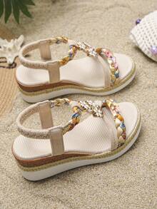1 Pair Girls' Summer Wedge Sandals, Suitable For Daily Outings And School, Buckle Closure, Lightweight, Anti-Slip, Casual, Comfortable, Fashionable , Versatile Open Toe Thick Sole Sandals - Beige - View 5
