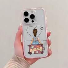 1pc Pink Frame Minimalist Lens Protection Suitcase Girl Back Pattern Phone Case Personalized Compatible With IPhone 16 Pro Max 17/16/15/14 Plus/13/12/11 Protective Case Air Compatible With Samsung Series - Multicolor - View 3