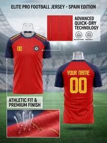 2026 Spanish Style Red Customized Football Jersey, Navy Raglan Sleeves, Vertical Gold Pinstripes, Personalized Name Number Team Logo, Match Football Jersey, Sports Training Jersey, Quick-Dry Material Comfortable Breathable Suitable For Team Matches, Training, Sports, Home Leisure, Game Support, Holiday Gifts, Spring/Summer Season Fashion Forward - Multicolor - View 1