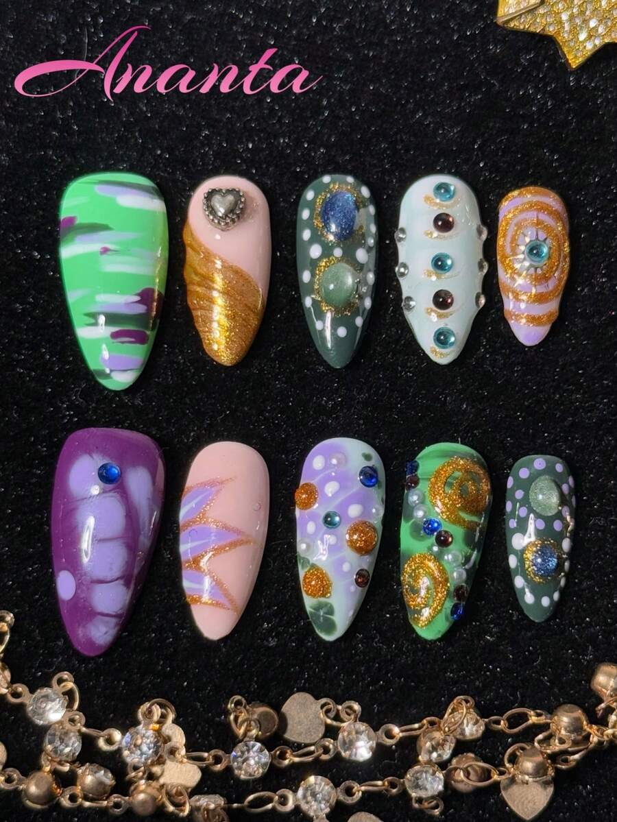 10pcs Almond Shaped Nail Stickers, Handmade, Premium Quality, Rhinestone Embellished, French Manicure, Hand-Painted Gradient, Asymmetrical Hand-Drawn Lines, Colorful Design, Acrylic Nails, Press-On Nails, Suitable For Party, Wedding, Daily Wear, Includes Tool Kit, Suitable For Girls And Women