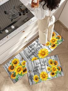 1pc Wood Grain Sunflower Kitchen Rug And Mat, Sunflower Kitchen Mat And Grey Wood Grain Floor Rug, Can Be Placed In Front Of Sink, Used For Standing Kitchen Decor - Multicolor - View 5