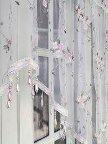 1件新款粉色刺繡小花聖誕節裝飾小窗簾，廚房多用途半透明窗簾，穿桿設計，清新風格完工穿桿短款咖啡簾 - 米色 - 查看 6