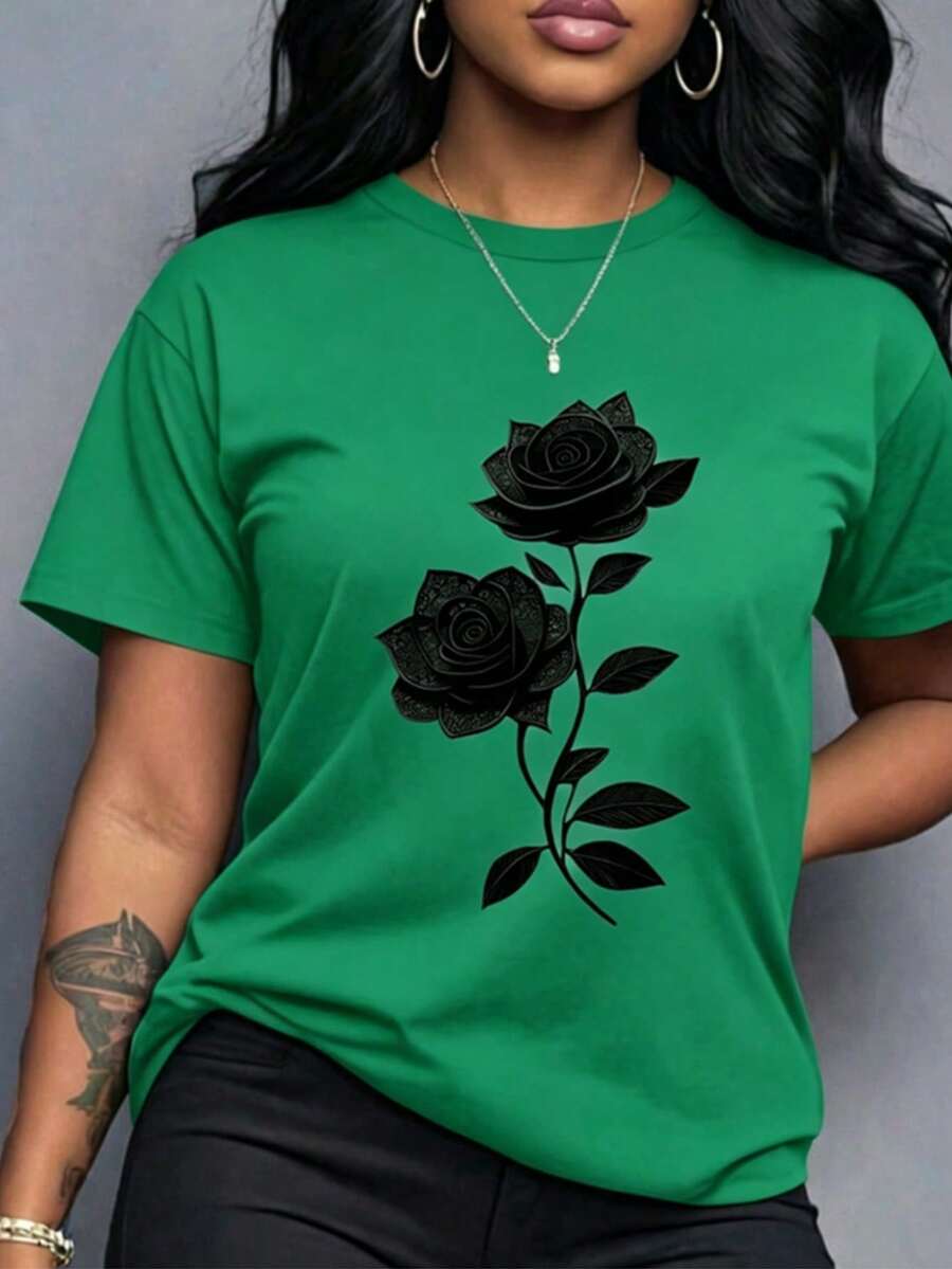 Spring Clothes Women's Clothing, Ladies Plus Size T-Shirt Black Rose Print - Casual Short Sleeve Round Neck Top, Medium Stretch Fabric, All-Season Com - 綠色 - 查看 1
