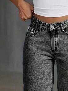 Celana Jeans Denim Kasual Anak Perempuan dengan Kancing Depan dan Saku, Potongan Lurus, Cocok untuk Dipakai Sehari-hari - Hitam - View 3