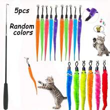 5pcs Cat Teaser Toy Set (1 Rod + 4 Caterpillar Attachments) Colorful Artificial Feather Fishing Pole Caterpillar Bell Replaceable Head Bait Stick, Battery-Free - View 7