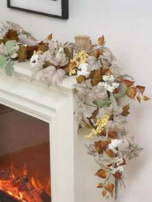 Pumpkin Autumn Maple Leaf Garland,Halloween Artificial Plants, Artificial Maple Leaves & Pumpkins, Outdoor Artificial Flowers, White Holiday Hanging Wreath, Autumn Maple Leaf Vine Decoration For Living Room, Office, Table, Wedding - A - View 2