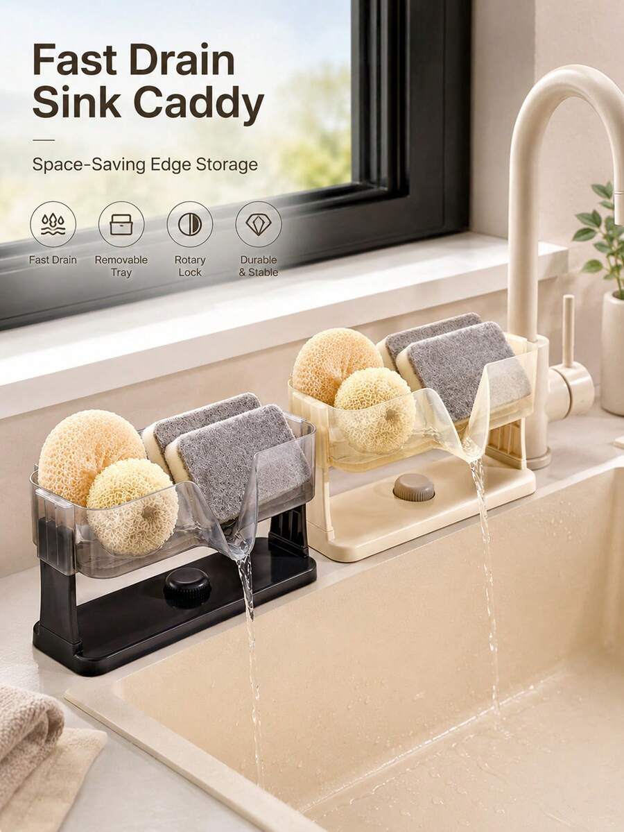 1pc Quick-Drain Sink Organizer Rack With Removable Drainage Tray, Space-Saving Kitchen Sponge Holder For Sink Edge, Holds Sponges, Brushes, Soap And Scrubbing Balls, Durable Countertop Storage Rack