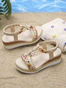 1 Pair Girls' Summer Wedge Sandals, Suitable For Daily Outings And School, Buckle Closure, Lightweight, Anti-Slip, Casual, Comfortable, Fashionable , Versatile Open Toe Thick Sole Sandals - Beige - View 3