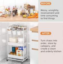 3 Tier Plastic Rolling Storage Cart With Extra Hanging Cups Handles Lockable Wheels For Living Room Bathroom Kitchen Office White - White - View 7