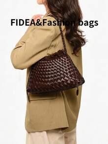 Nuevo bolso de hombro y axila en forma de media luna para mujer, minimalista, versátil para uso diario, unicolor con textura tejida de PU, calidad elegante de alta gama, cierre con nudo de cuerda, ligero y práctico, adecuado para viajes, compras, citas, desplazamientos urbanos, trabajo y otras ocasiones - Café - Ver 8
