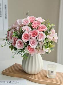 1/3/100件人造玫瑰花、絲綢繡球花束，逼真塑膠花卉裝飾，適用於婚禮、桌面中心裝飾、秋季、書桌、花園、房間裝飾、情人節禮物 - 粉色 - 查看 3