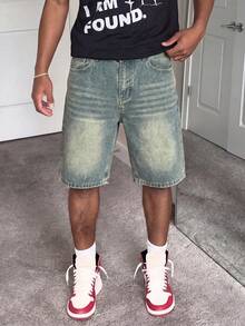 男士 5 英吋牛仔短褲，直筒寬鬆版型夏季休閒牛仔短褲，百搭簡約設計，日常穿搭清新造型（褲子不含腰帶） - 芥末黃 - 查看 3