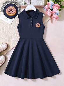 New Cute Donut Embroidery Polo Collar Dress, Sweet Summer Daily Outfit, Suitable For School, Vacation, Shopping And Sports And Other Occasions. - Navy Blue - View 2