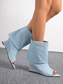 2026 New Kitten Heel Pleated Long Slouch Boots Pointed Toe Over-The-Knee High Shaft Boots Retro Wide Leg Rider Boots - Baby Blue - View 7
