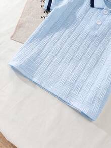 2件組小男孩可愛小馬刺繡POLO領短袖T恤與休閒短褲套裝，夏季，學院風 - 藏藍色 - 查看 6