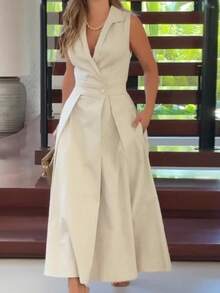 Sleeveless, Solid-Color Maxi Dress With V-Neck And Pleated Lapel, Elegant, New European And American Autumn 2026 Collection - 杏色 - 查看 1