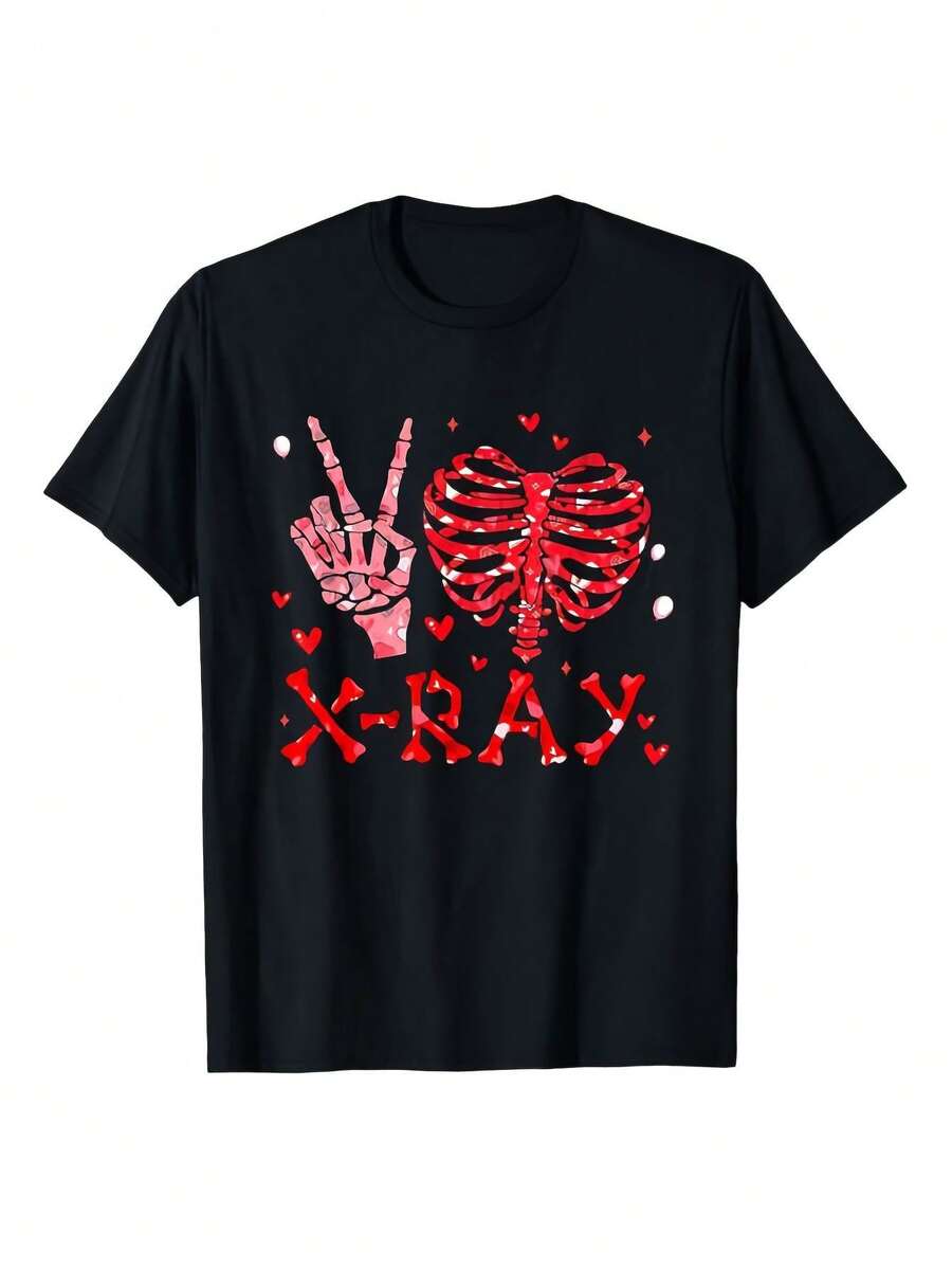 Unisex Radiology T-Shirt, Retro Design, Heart, Bone, And X-Ray Print, Fun Vintage Crew Neck T-Shirt For Radiology Technicians, Ideal Valentine's Day And Halloween Gift - Black - View 1