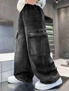 Teen Boy Casual Fashion Loose Wide Leg Cargo Denim Jeans - Black - View 3