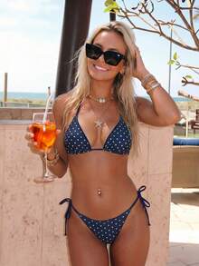 Women's Leopard Print Halter Neck Tie Sexy Bikini Set, 2025 Summer Beach Vacation Style - Navy Blue and White Dots - View 8