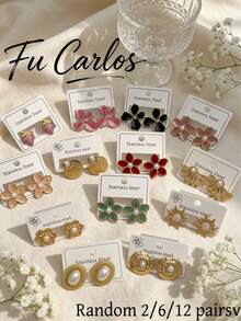 2/6/12 Pairs Stainless Steel Earrings, Geometric, Floral, Heart And Asymmetric Designs. Elegant Everyday Wear Earrings, Ideal Valentine's Day Gift (Random Assortment) - Multicolor - View 2