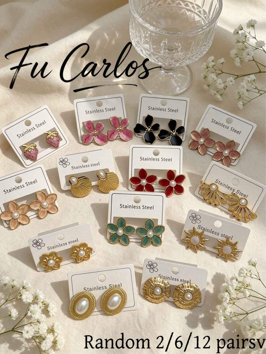 2/6/12 Pairs Stainless Steel Earrings, Geometric, Floral, Heart And Asymmetric Designs. Elegant Everyday Wear Earrings, Ideal Valentine's Day Gift (Random Assortment)