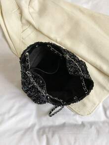 Glossy Chain Decor Tote Bag, Shoulder & Underarm Dual Use, Versatile Party & Date Night Atmosphere Small Bag - Black - View 3