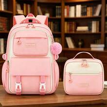2pcs Colorblock Design Large Capacity Backpack Set With Pom Pom Pendant, Matching Handbag, Essential For Middle And High School Campus Travel - Sets - View 11