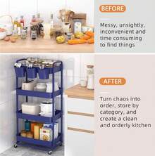 3 Tier Plastic Rolling Storage Cart With Extra Hanging Cups Handles Lockable Wheels For Living Room Bathroom Kitchen Office White - Blue - View 5