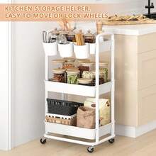 3 Tier Plastic Rolling Storage Cart With Extra Hanging Cups Handles Lockable Wheels For Living Room Bathroom Kitchen Office White - White - View 3